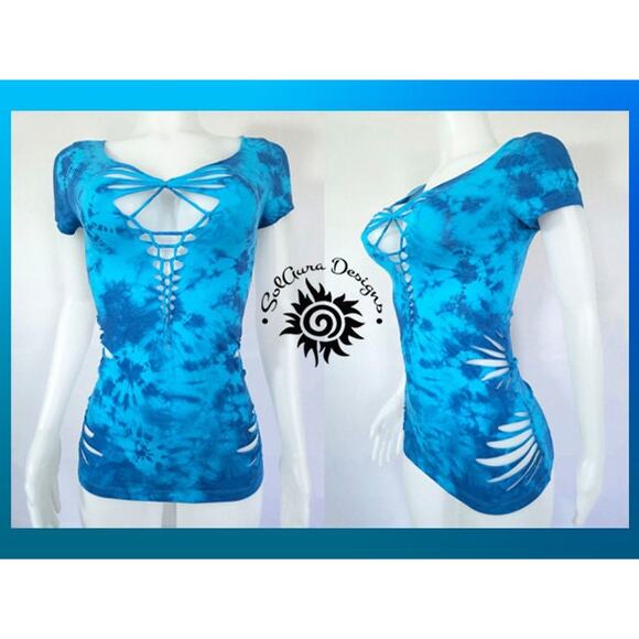 BAHAMA BREEZE - LARGE - Tie-Dye Top - Blue and Aqua Summer Top, Boho, Beachwear - Picture 2 of 5